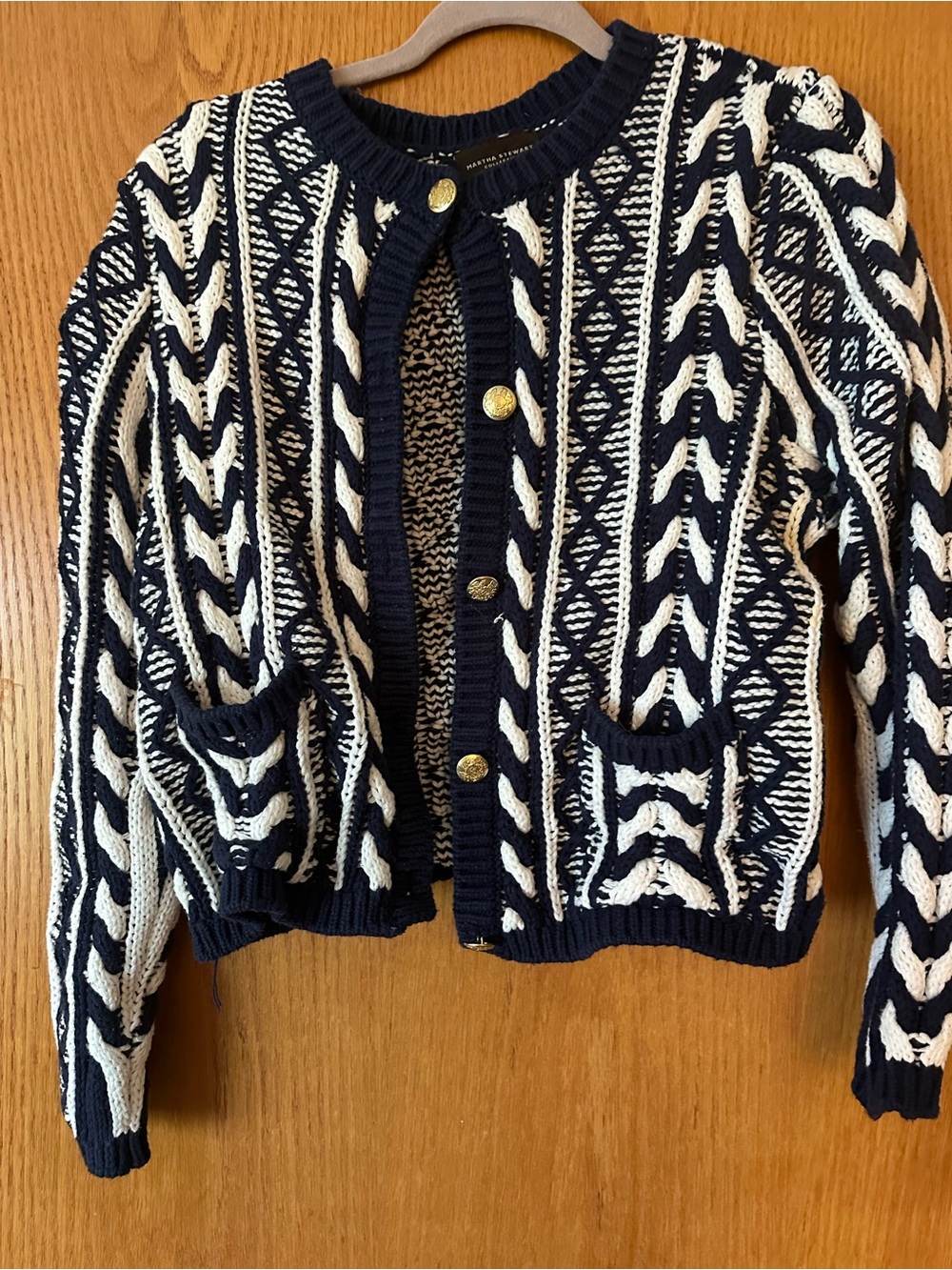 Martha Stewart Navy and White Chunky Knit Cardigan with Gold Buttons